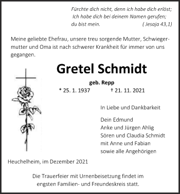 Traueranzeige von Gretel Schmidt von Giessener Allgemeine, Alsfelder Allgemeine, Giessener Anzeiger