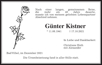 Traueranzeige von Günter Kistner von Bad Vilbel/Karben
