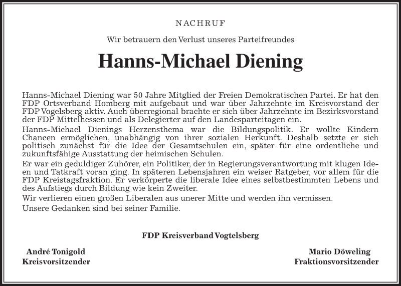  Traueranzeige für Hanns-Michael Diening vom 04.12.2021 aus Alsfelder Allgemeine