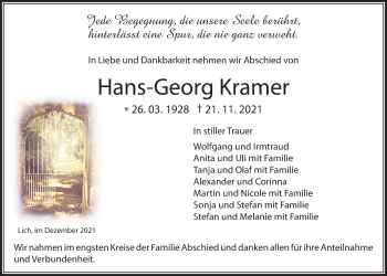 Traueranzeige von Hans-Georg Kramer von Licher Wochenblatt