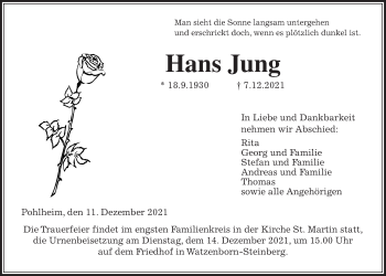 Traueranzeige von Hans Jung von Giessener Allgemeine, Alsfelder Allgemeine, Giessener Anzeiger