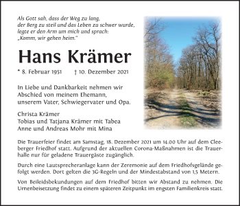 Traueranzeige von Hans Krämer von Giessener Allgemeine, Alsfelder Allgemeine