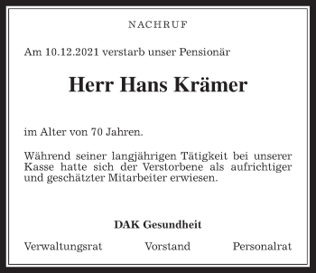 Traueranzeige von Hans Krämer von Giessener Allgemeine, Alsfelder Allgemeine