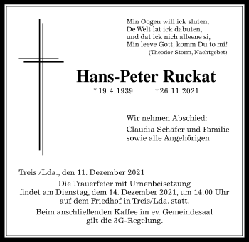 Traueranzeige von Hans-Peter Ruckat von Giessener Allgemeine, Alsfelder Allgemeine, Giessener Anzeiger