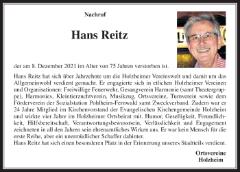 Traueranzeige von Hans Reitz von Pohlheimer Nachrichten