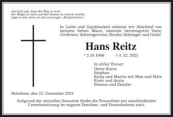 Traueranzeige von Hans Reitz von Giessener Allgemeine, Alsfelder Allgemeine