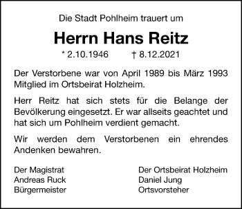 Traueranzeige von Hans Reitz von Pohlheimer Nachrichten