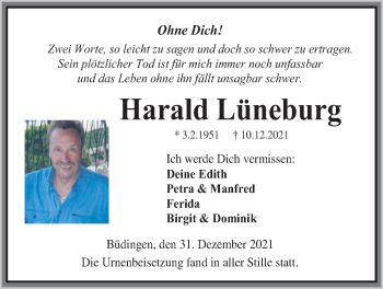 Traueranzeige von Harald Lüneburg von Kreis-Anzeiger
