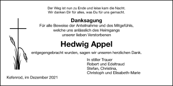 Traueranzeige von Hedwig Appel von Kreis-Anzeiger