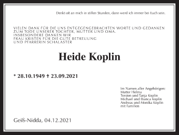 Traueranzeige von Heide Koplin von Giessener Allgemeine, Alsfelder Allgemeine, Wetterauer Zeitung, Kreis-Anzeiger