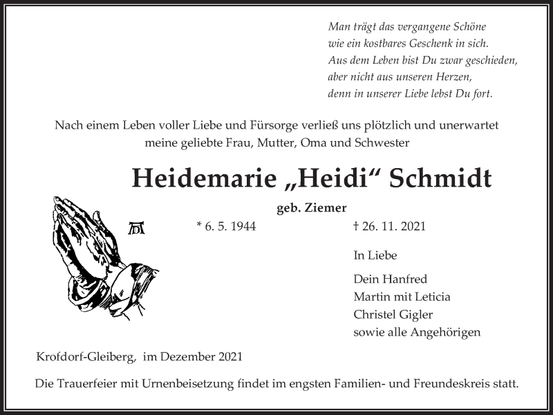  Traueranzeige für Heidemarie Schmidt vom 04.12.2021 aus Giessener Allgemeine, Alsfelder Allgemeine