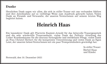 Traueranzeige von Heinrich Haas von Giessener Allgemeine, Alsfelder Allgemeine