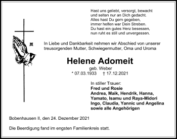 Traueranzeige von Helene Adomeit von Alsfelder Allgemeine