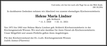 Traueranzeige von Helene Maria Lindner von Allendorfer Mitteilungen