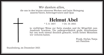 Traueranzeige von Helmut Abel von Giessener Allgemeine, Alsfelder Allgemeine, Giessener Anzeiger