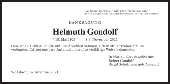 Traueranzeige von Helmuth Gondolf von Wetterauer Zeitung
