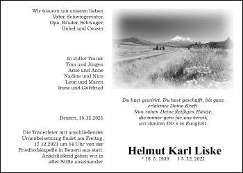 Traueranzeige von Helmut Karl Liske von Giessener Allgemeine, Alsfelder Allgemeine, Giessener Anzeiger