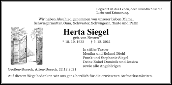 Traueranzeige von Herta Siegel von Giessener Allgemeine, Alsfelder Allgemeine, Giessener Anzeiger