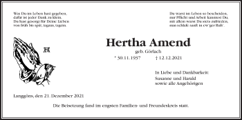 Traueranzeige von Hertha Amend von Giessener Anzeiger