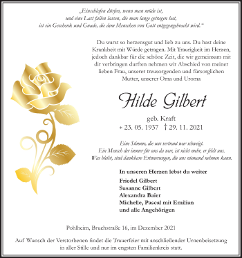 Traueranzeige von Hilde Gilbert von Giessener Allgemeine, Alsfelder Allgemeine, Giessener Anzeiger, Pohlheimer Nachrichten