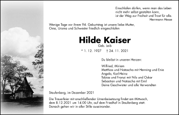 Traueranzeige von Hilde Kaiser von Giessener Allgemeine, Alsfelder Allgemeine, Giessener Anzeiger