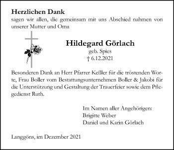 Traueranzeige von Hildegard Görlach von Giessener Allgemeine, Alsfelder Allgemeine
