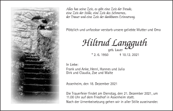 Traueranzeige von Hiltrud Langguth von Wetterauer Zeitung