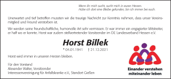 Traueranzeige von Horst Billek von Giessener Allgemeine, Alsfelder Allgemeine, Giessener Anzeiger