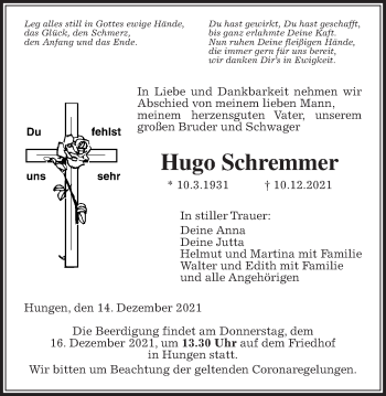 Traueranzeige von Hugo Schremmer von Giessener Allgemeine, Alsfelder Allgemeine