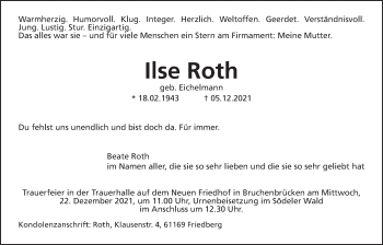 Traueranzeige von Ilse Roth von Wetterauer Zeitung
