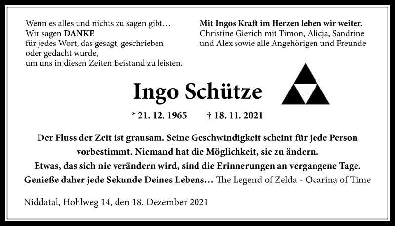  Traueranzeige für Ingo Schütze vom 18.12.2021 aus Wetterauer Zeitung