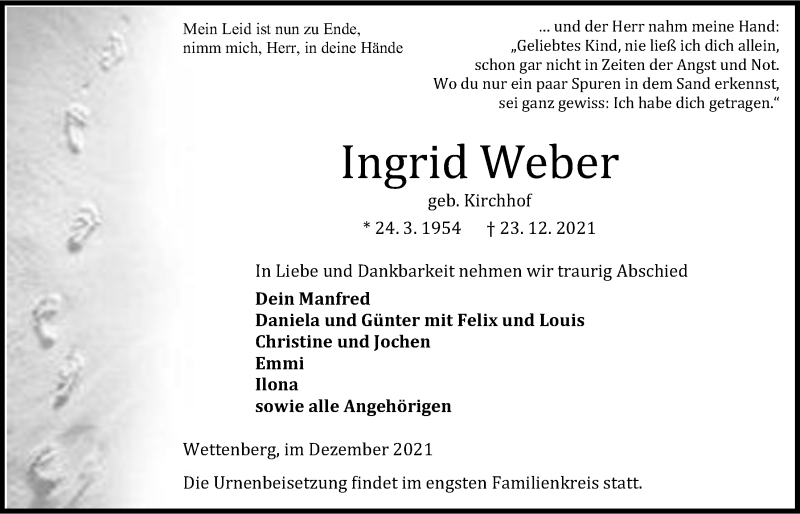  Traueranzeige für Ingrid Weber vom 31.12.2021 aus Kreis-Anzeiger