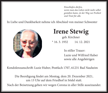 Traueranzeige von Irene Stewig von Wetterauer Zeitung
