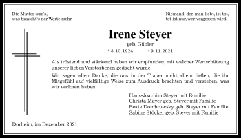 Traueranzeige von Irene Steyer von Wetterauer Zeitung