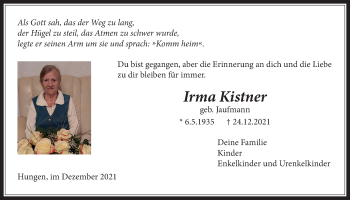 Traueranzeige von Irma Kistner von Licher Wochenblatt