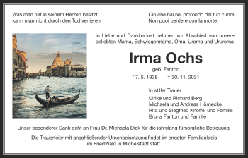 Traueranzeige von Irma Ochs von Bad Vilbel/Karben