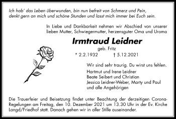 Traueranzeige von Irmtraud Leidner von Licher Wochenblatt