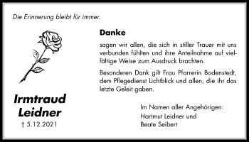 Traueranzeige von Irmtraud Leidner von Licher Wochenblatt