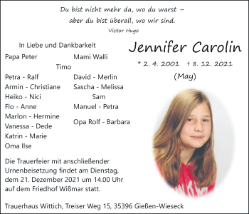 Traueranzeige von Jennifer Carolin Wittich von Giessener Anzeiger