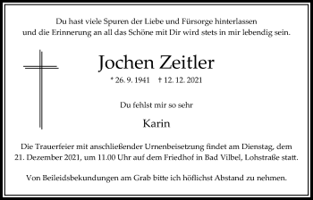 Traueranzeige von Jochen Zeitler von Bad Vilbel/Karben