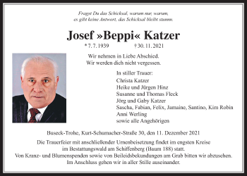 Traueranzeige von Josef Katzer von Giessener Allgemeine, Alsfelder Allgemeine, Giessener Anzeiger