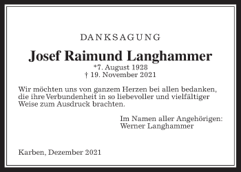 Traueranzeige von Josef  Langhammer von Wetterauer Zeitung
