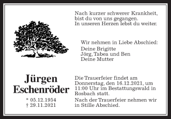Traueranzeige von Jürgen Eschenröder von Wetterauer Zeitung