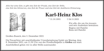 Traueranzeige von Karl-Heinz Klos von Giessener Allgemeine, Alsfelder Allgemeine, Giessener Anzeiger