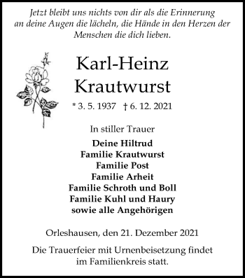 Traueranzeige von Karl-Heinz Krautwurst von Kreis-Anzeiger