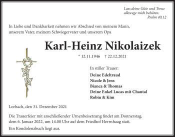 Traueranzeige von Karl-Heinz Nikolaizek von Kreis-Anzeiger