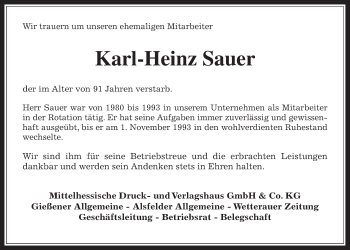 Traueranzeige von Karl-Heinz Sauer von Giessener Allgemeine, Alsfelder Allgemeine