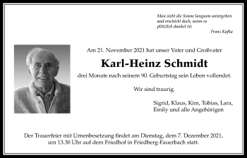 Traueranzeige von Karl-Heinz Schmidt von Wetterauer Zeitung