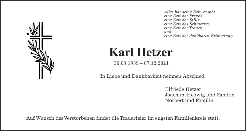  Traueranzeige für Karl Hetzer vom 14.12.2021 aus Alsfelder Allgemeine