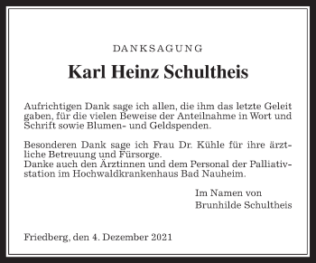 Traueranzeige von Karl Heinz Schultheis von Wetterauer Zeitung